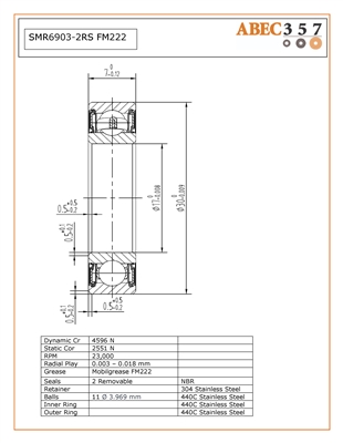 17x30x7 mm, SMR6903-2RS FM222 , S6903-2RS, Food Grade Stainless Steel Ball Bearing, stainless steel industrial bearings.