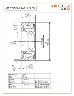 2x6x2.3 mm SMR692/W2.3 ZZ/P58 A5 AF2, Stainless Steel ABEC 5 Metal Shielded Bearings, Kit9405, SMR62-ZZ/W23, SMR62C-ZZ/W23, SMR692-ZZ/W23.