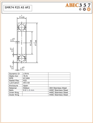 4x7x2 mm SMR74 P25 A5 AF2, ABEC357, Stainless Steel Open Bearings.