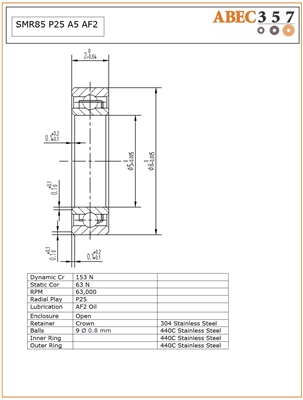 5x8x2 mm, SMR85 P25 A5 AF2, ABEC357, Stainless Steel ABEC 5 Open Bearing.