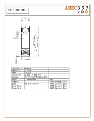 5/8x1-3/8x11/32 in, SR10-2RS SRL, SS99R10, Industrial Stainless Steel Bearing, Stainless Steel Rubber Sealed Bearing, ABEC357.