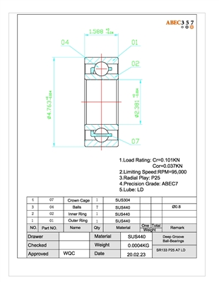 3/32x3/16x1/16", SR133 P25 A7 LD, ABEC357, Flow Meter Bearing, HYSV2380 #7 K46 GPR T4HB, HYSV2380 #7 K58 GPR J, HYSV2380 #7 K24 GPR J.