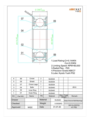 SR133-ZZ/P25 A7 PS2, 3/32x3/16x3/32, Stainless Steel ABEC 7 Metal Shielded Bearings for Industrial Applications, Flow Meter Bearing, HYSV2380/001 #7 K58 GPR J1.