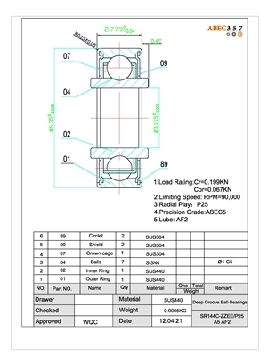 SR144C-ZZEE/P25 A5 AF2, 1/8x1/4x7/64, SR144-ZZEE #5 PS2, SSRI-418ZZEE, Ceramic Hybrid ABEC 5 Metal Shielded Extended Inner Ring Bearing.