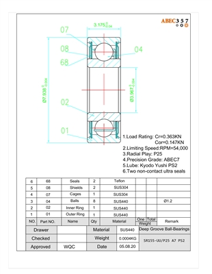 SR155-UU P25 A7 PS2, 5/32x5/16x1/8, Stainless Steel ABEC 7 Ultra Seal Bearings.