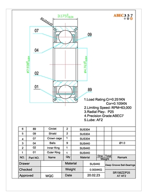 3/16x5/16x1/8 in, SR156-ZZ/P25 A7 AF2, ABEC357