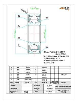 SR1810C-ZZ/P25 #7 AF2, 5/16x1/2x5/32, Ceramic Hybrid ABEC 7 Metal shielded Bearings, ABEC357.