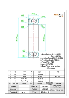 SR188C-2YS #3 NB2, 1/4"x1/2"x3/16", SR188-2RS-CERAMIC-SI3N4, SR188-2RS-CERAMIC, SR188C-2YS A3 NB2,  SR188C-ZZ #5 L55, Ceramic Hybrid Rubber Sealed Bearings, ABEC357.