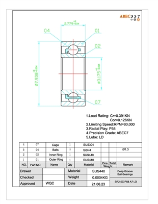 1/8x5/16x7/64", SR2-5C P58 A7 LD, ABEC357, SR2-5C #3 LD, SSRIW518, Ceramic Hybrid ABEC 7 Open Bearing.