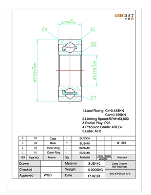 1/8x3/8x7/64", SR2-6 P25 A7 AF2, ABEC357