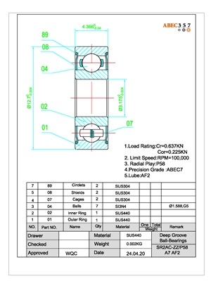 SR2AC-ZZ/P58 #7 AF2, 1/8x1/2x11/64, Ceramic Hybrid ABEC 7 Metal Shielded Bearing.