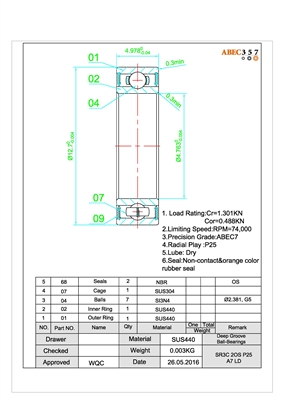 3/16"x1/2"x0.196", 0.1875x0.5000x0.1960 IN, SR3C-2OS #7 LD, RPI STB032, Q-SR3C-2RS/P58 #3 AF2, Stryker  940 Cast Cutter Rear Bearing, Stryker  941 Cast Cutter Rear Bearing,  Ceramic Hybrid ABEC 7 Orange Seal Bearings.