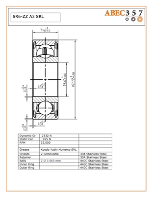 3/8x7/8x9/32", SR6-ZZ A3 SRL, Stainless Steel ABEC 3 Metal Shielded Bearing, Kit18430, SR6-ZZC SRI-2, Penn 20-700, 20L-704, 20-704, 020-1181790, 1181790, ABEC357.