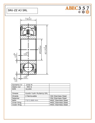 3/8x7/8x9/32", SR6-ZZ A3 SRL, Stainless Steel ABEC 3 Metal Shielded Bearing, SR6-ZZC SRI-2, Industrial Bearing, ABEC357.