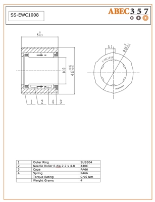 SS-EWC1008, 10x16/17x8 MM, Fishing one way bearings, â€‹Stainless Steel Anti-Reverse One Way Roller Clutch Bearing.