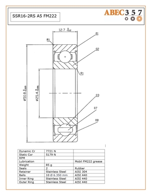 1x2x1/2 inch,  SSR16-2RS FM222, Stainless Steel Rubber Sealed ABEC #5 Bearing, Food Grade Grease.
