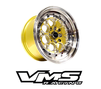 VMS Wheels Revolver 15X8 4X100/114.3 20 ET 73.1 CB Gold Milling Polished Lip Chrome Rivets