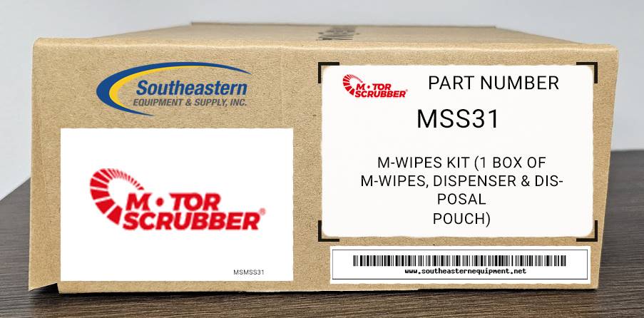 Motorscrubber OEM Part # MSS31 M-Wipes Kit (1 box of M-Wipes, dispenser & disposal
pouch)