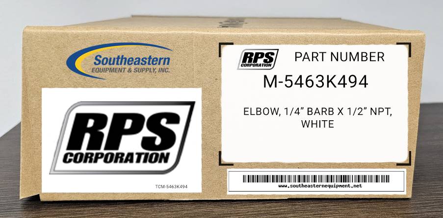 RPS Corp Part # M-5463K494 Elbow, 1/4" Barb x 1/2" NPT, White 