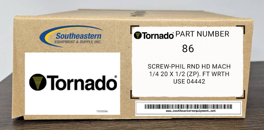 Tornado OEM Part # 00086 Screw-Phil Rnd Hd Mach 1/4 20 X 1/2 (Zp). Ft Wrth Use 04442