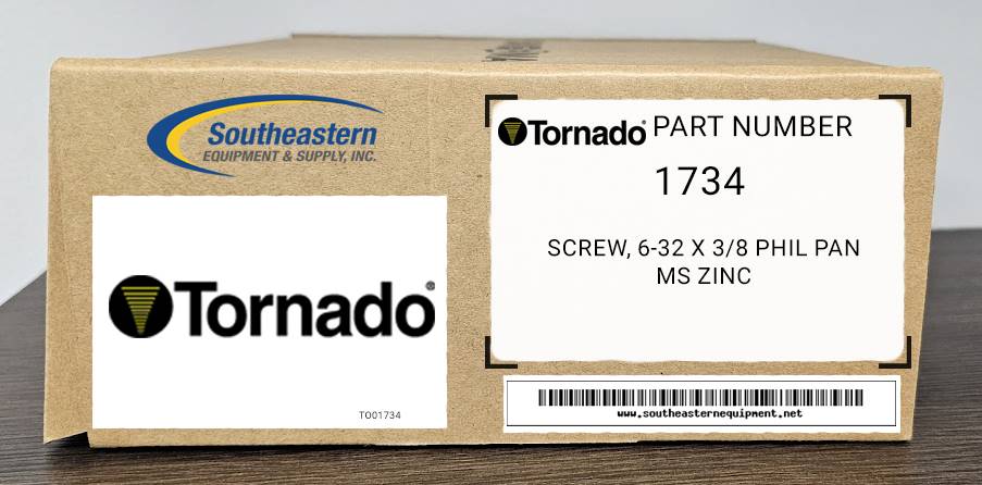 Tornado OEM Part # 01734 Screw, 6-32 X 3/8 Phil Pan Ms Zinc