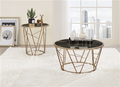 Cicatrix 3 Piece Occasional Table Set in Faux Black Marble Glass & Champagne Finish by Acme - 83300-S