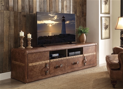 Aberdeen 80 Inch TV Console in Retro Brown Top Grain Leather Finish by Acme - 91500
