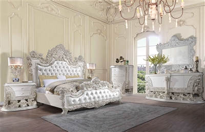 Adara 6 Piece Bedroom Set in White PU & Antique White Finish by Acme - BD01248
