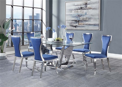 Azriel 7 Piece Dining Room Set in Clear Glass, Blue Velvet & Mirrored Silver Finish by Acme - DN01191