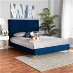 Fabrico Platform Bed in Navy Blue Velvet Fabric Finish by Baxton Studio - BAX-BBT61079-Navy Blue Velvet/Gold-Queen