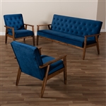 Sorrento Mid-Century Modern Navy Blue Velvet 3-Piece Living Room Set by Baxton Studio - BAX-BBT8013-Navy Velvet/Walnut-3PC Set