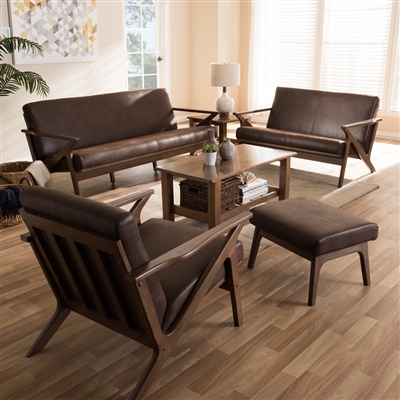 Bianca Mid-Century Modern Distressed Brown 4-Piece Living Room Set by Baxton Studio - BAX-Bianca-Dark Brown/Walnut Brown-4PC-Set