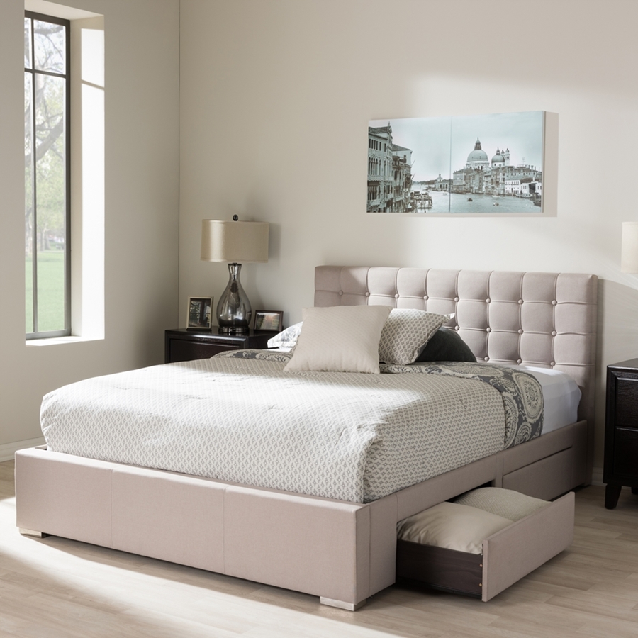 Rene Storage Platform Bed in Beige Fabric Finish by Baxton Studio