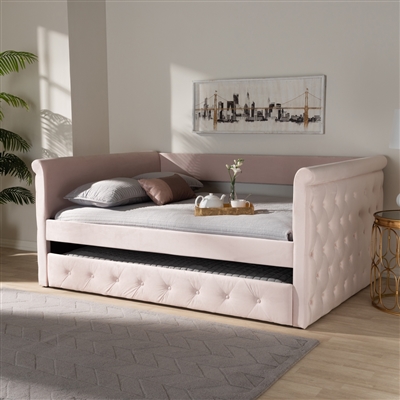 Amaya Daybed with Trundle in Light Pink Velvet Fabric Finish by Baxton Studio - BAX-CF8825-Light Pink-Daybed-Q/T