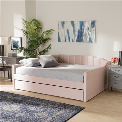 Lennon Daybed with Trundle in Pink Velvet Fabric Finish by Baxton Studio - BAX-CF9172-Pink Velvet-Daybed-Q/T