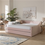 Raphael Daybed with Trundle in Pink Velvet Fabric Finish by Baxton Studio - BAX-CF9228-Pink Velvet-Daybed-Q/T