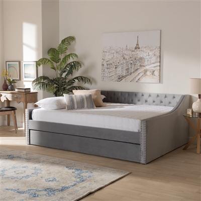 Raphael Daybed with Trundle in Grey Velvet Fabric Finish by Baxton Studio - BAX-CF9228-Silver Grey Velvet-Daybed-Q/T