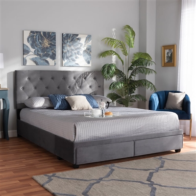 Caronia Platform Storage Bed in Grey Velvet Fabric Finish by Baxton Studio - BAX-Caronia-Grey-Queen