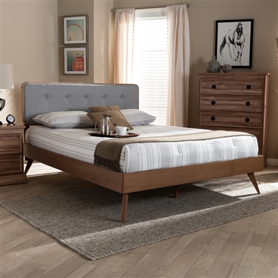 Dilara Platform Bed in Light Grey Fabric and Walnut Brown Finish by Baxton Studio - BAX-Dilara-Light Grey/Ash Walnut-King