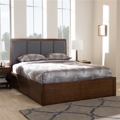 Brannigan Platform Storage Bed in Dark Grey Fabric and Walnut Finish by Baxton Studio - BAX-MG5010-Dark Grey/Walnut-Queen