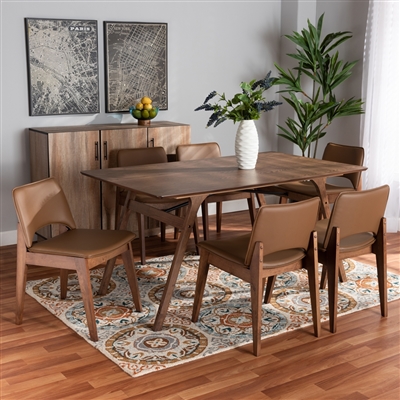 Afton 7 Piece Dining Room Set in Brown Faux Leather and Walnut Brown Finish by Baxton Studio - BAX-RDC827-Brown/Walnut-7PC