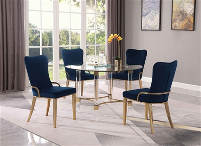 4038-GLD 5 Piece Round Dining Room Set with Riley Blue Chair by Chintaly - CHI-4038-GLD-RILEY-5PC-BLU