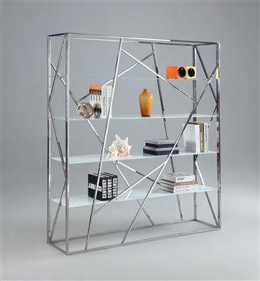 63" W Bookcase in White Starphire Glass/Stainless Steel Finish by Chintaly - CHI-74104-BKS