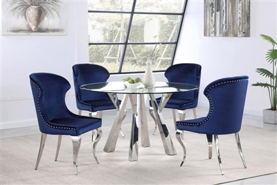Alaia Ink Blue Chairs Round Glass Top Dining Table 5 Piece Set in Chrome Finish by Coaster - 190710