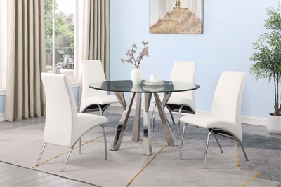 Alaia White Chairs Round Glass Top Dining Table 5 Piece Set in Chrome Finish by Coaster - 190710