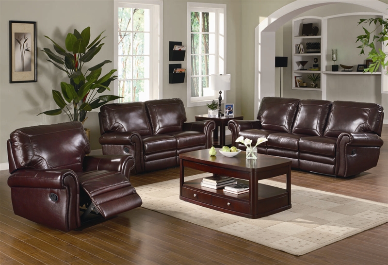 Teagan 2 Piece Reclining Sofa Set in Burgundy Leather Upholstery by Coaster  - 602921-S