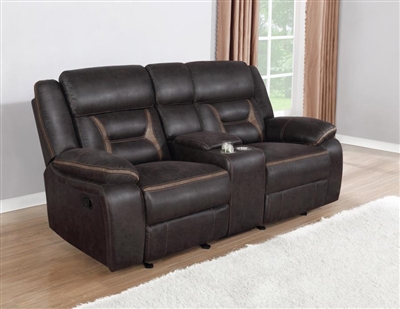 Greer Gliding Reclining Console Loveseat in Dark Brown Performance Leatherette Upholstery by Coaster - 651355