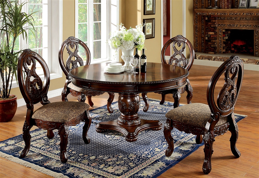 Tuscany I 5 Piece Round Dining Table Set in Antique Cherry Finish by  Furniture of America - FOA-CM3845CH-RT