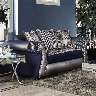Katarina Love Seat in Navy/Silver by Furniture of America - FOA-SM6418-LV