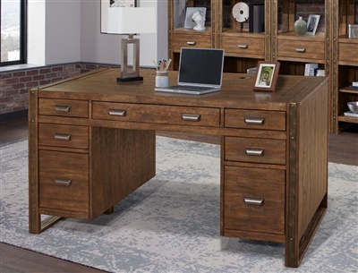 Brooklyn 60 Inch Pedestal Desk in Antique Burnished Pine Finish by Parker House - BRO-485-2